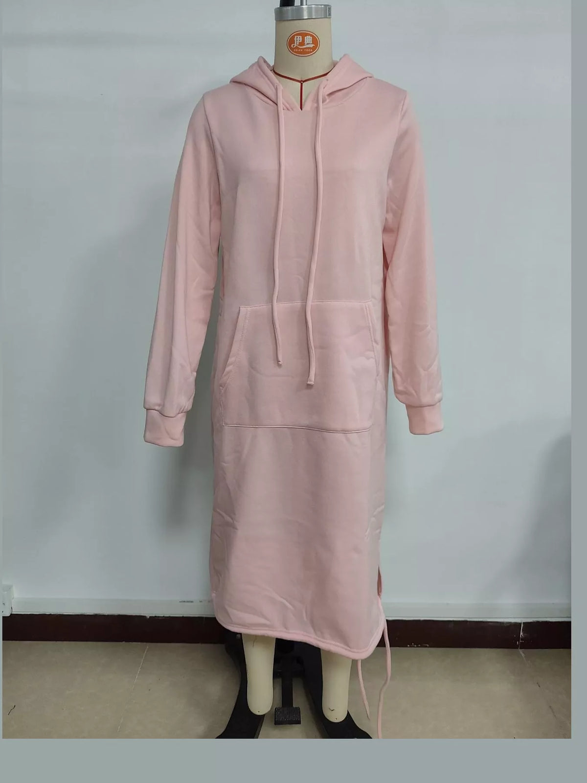 Pink hooded sweatshirt midi dress with drawstring hem, front view