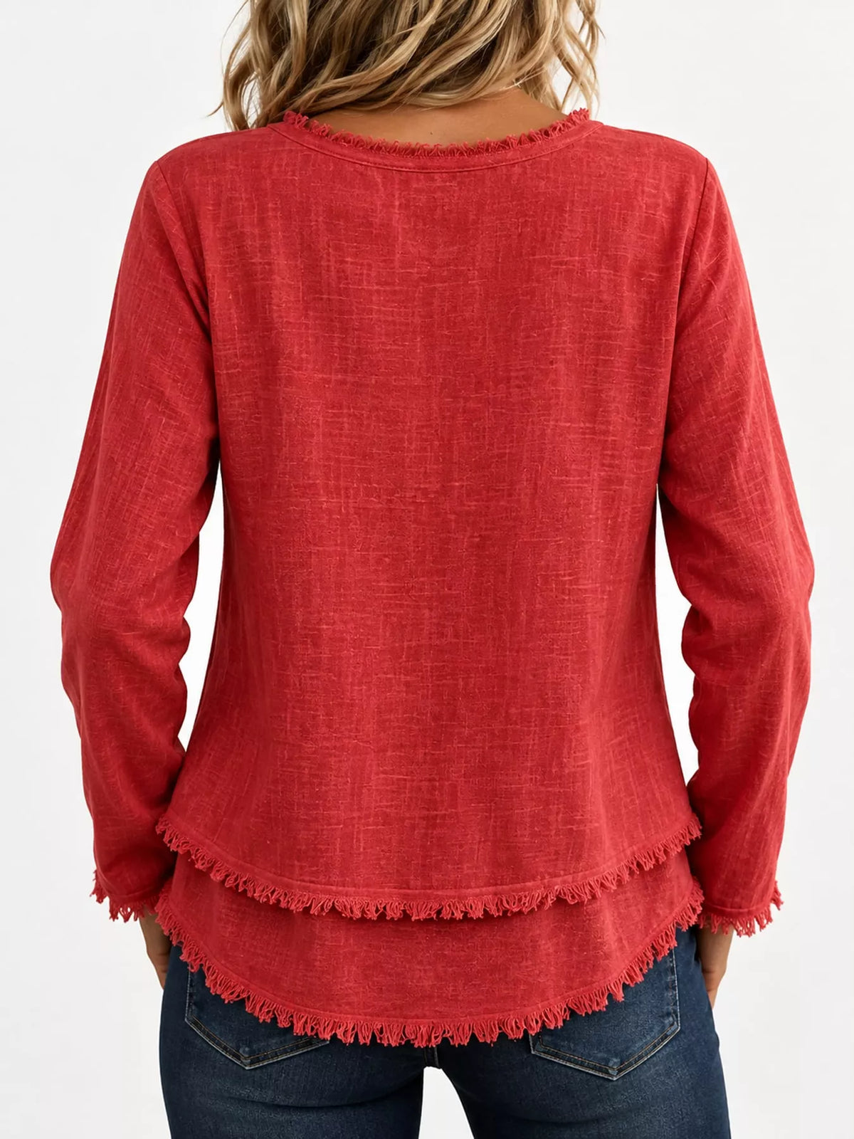 Frayed V-neck blouse, red back