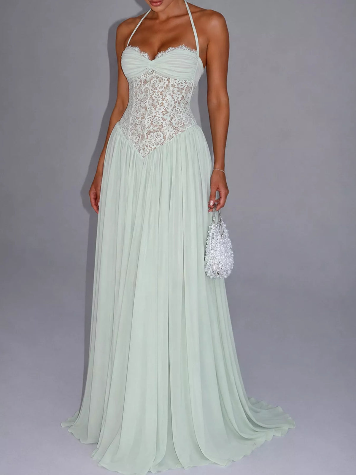 Mint green lace corset halter neck maxi dress — front view