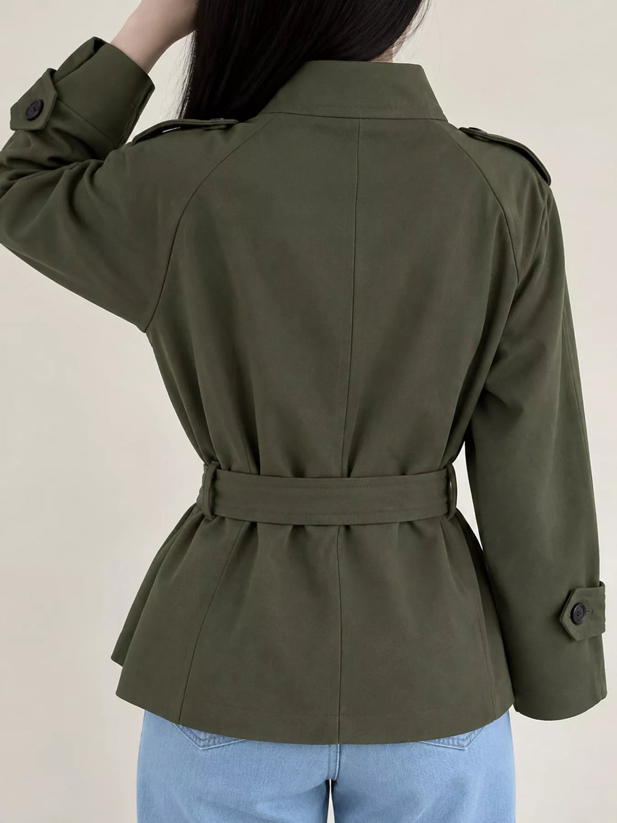 Women's Double-Breasted Belted Trench Coat in olive — back view