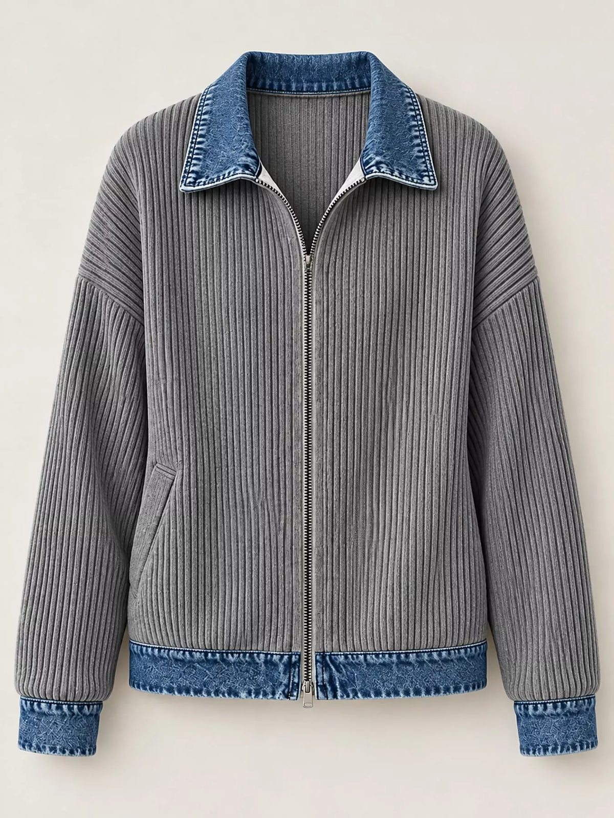 Gray denim-collar ribbed knit zip-up jacket — front view