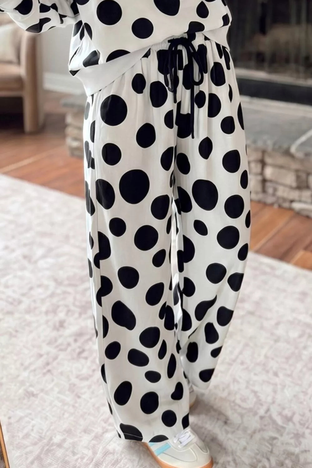 Women's Polka Dot Print Long Sleeve Top and Wide Leg Pants Set in Dot, back view