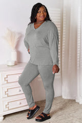 Trendsi Basic Bae Bamboo Full Size V-Neck Long Sleeve Top and Pants Lounge Set - Pants