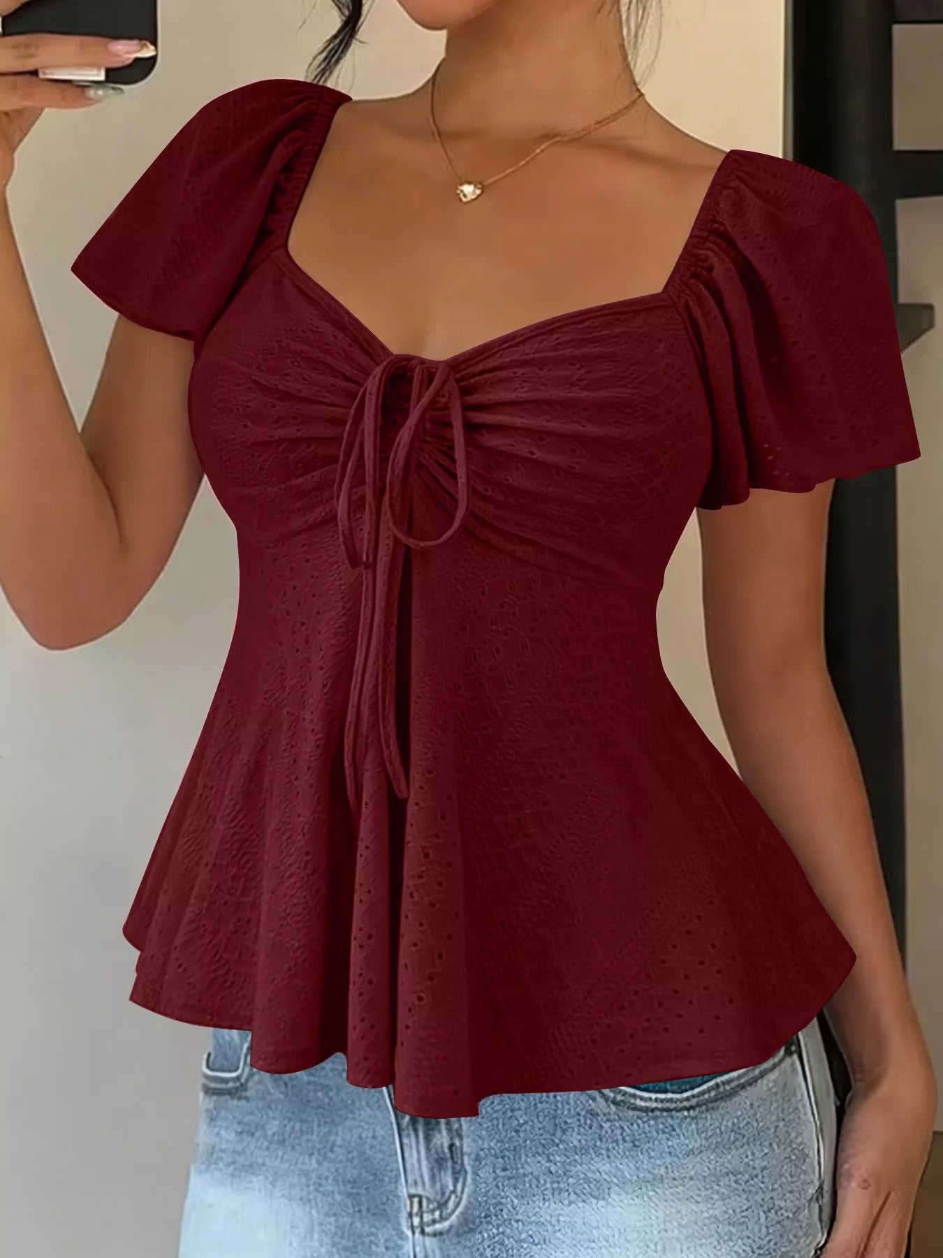 Trendsi Ruched Flutter Sleeve Peplum Top -
