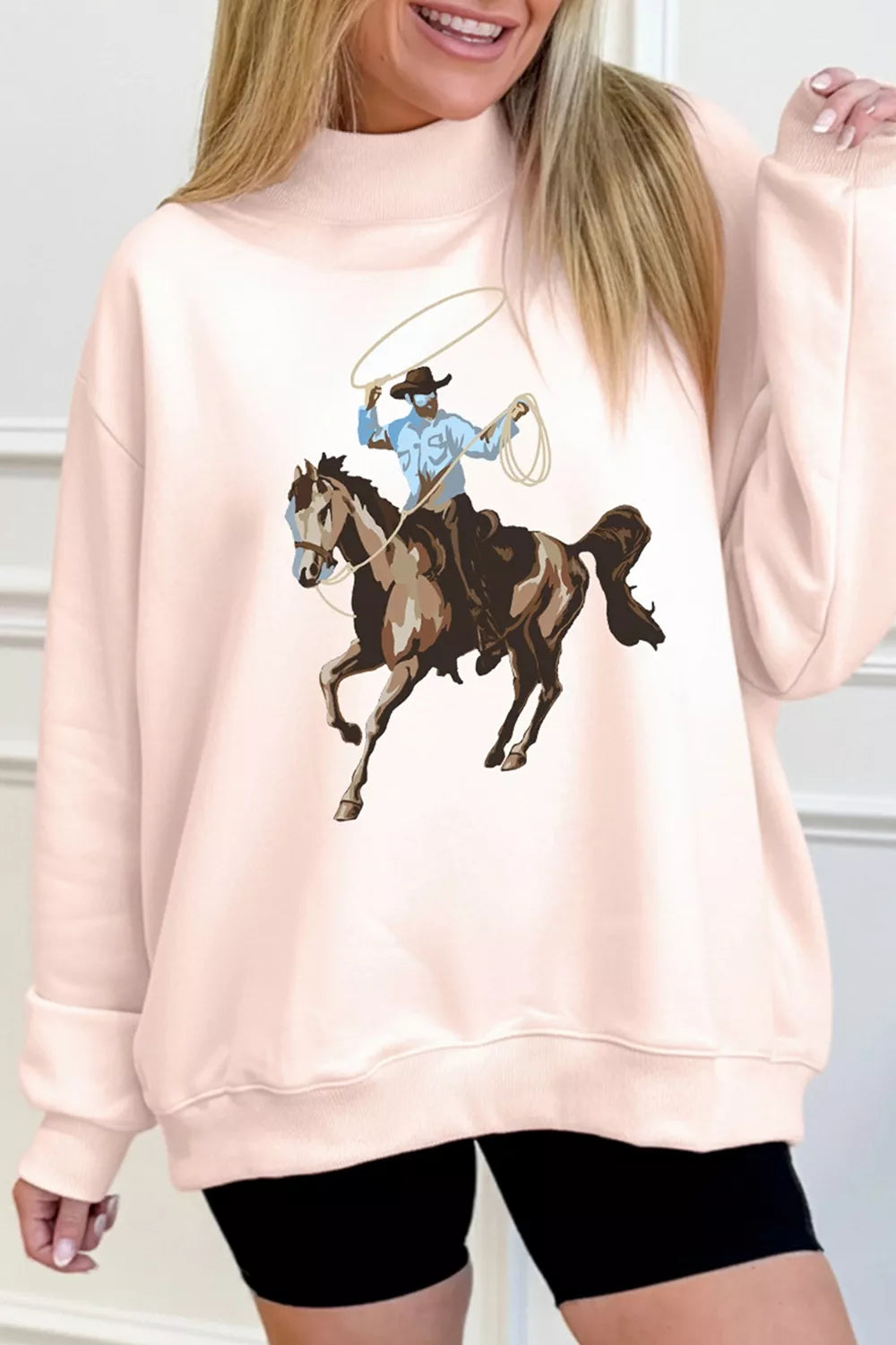 Western cowboy rodeo-print mock-neck sweatshirt