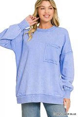 Trendsi Zenana Acid Wash Raw Edge French Terry Sweatshirt with Front Pocket -