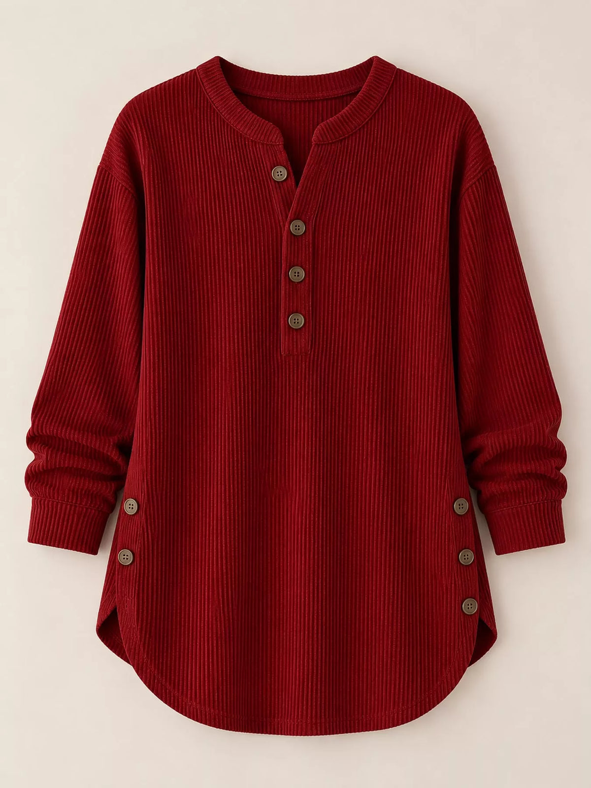 Burgundy button detail long sleeve top, front view