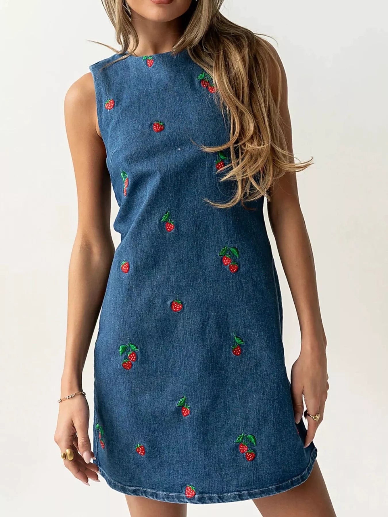 Trendsi Strawberry Embroidered Sleeveless Denim Dress -