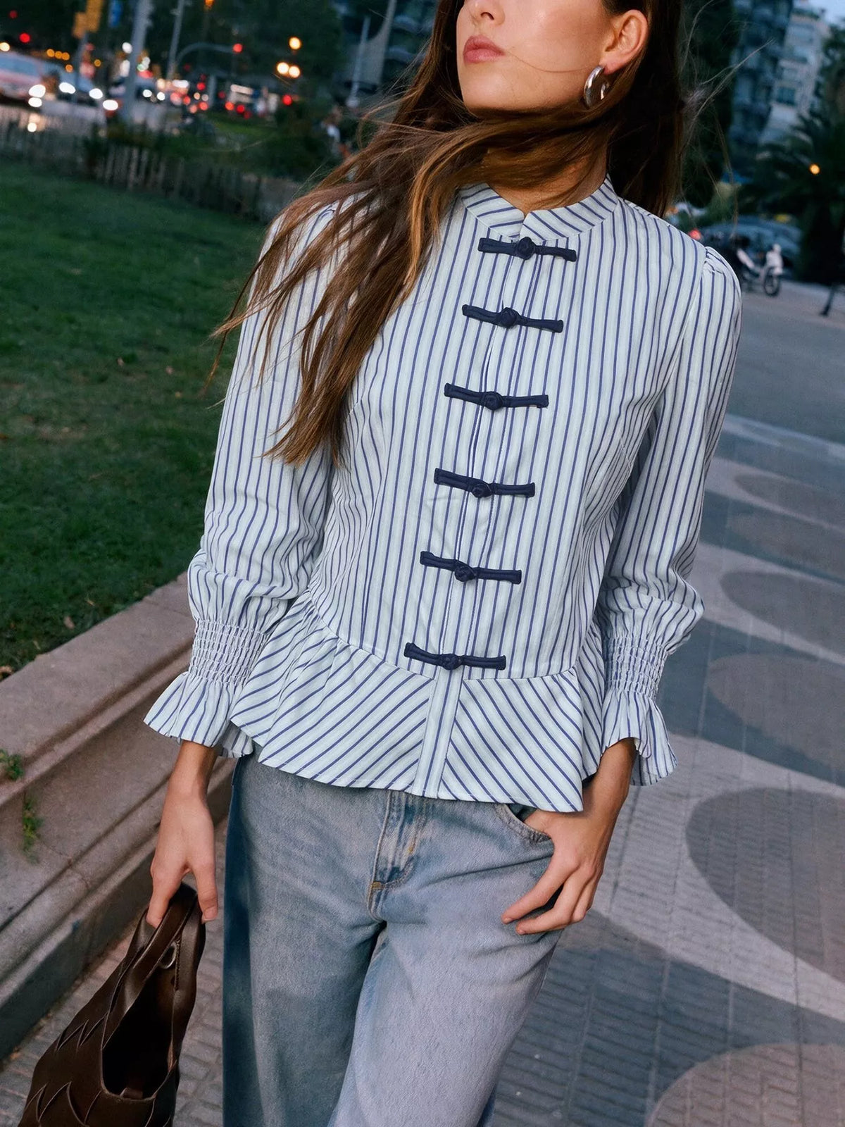Trendsi Striped Mandarin Knot Buttons Peplum Hem Shirt -