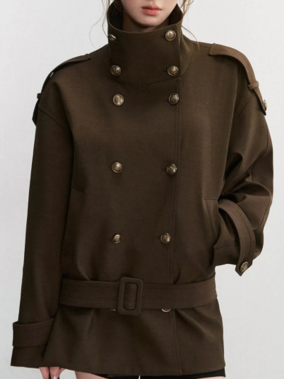 Brown double-breasted high-neck belted trench coat