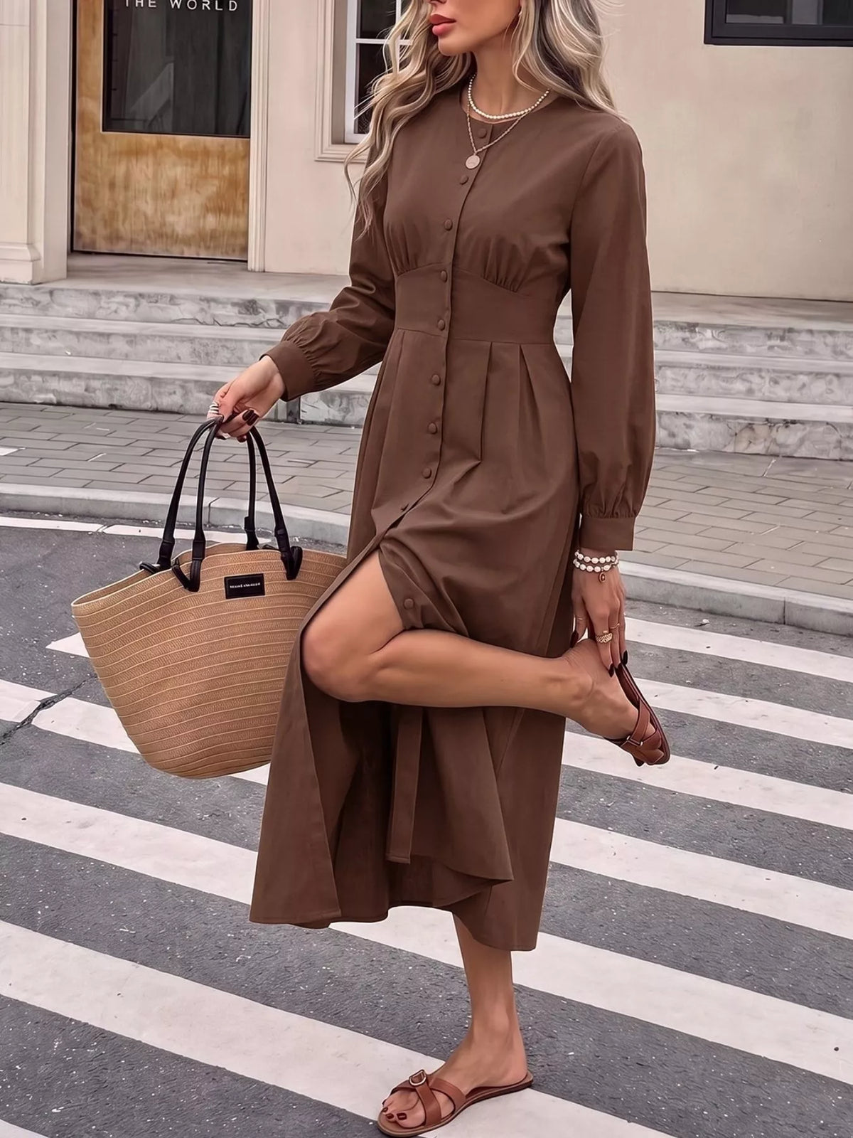 Brown button-down long sleeve midi dress