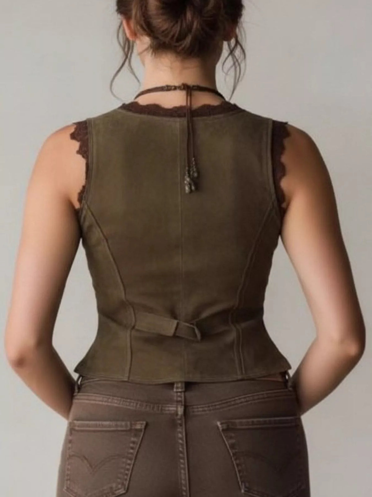 Olive Green lace detail button front vest, back view