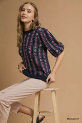 Trendsi Umgee Jacquard Knit Puff Sleeve Sweater -