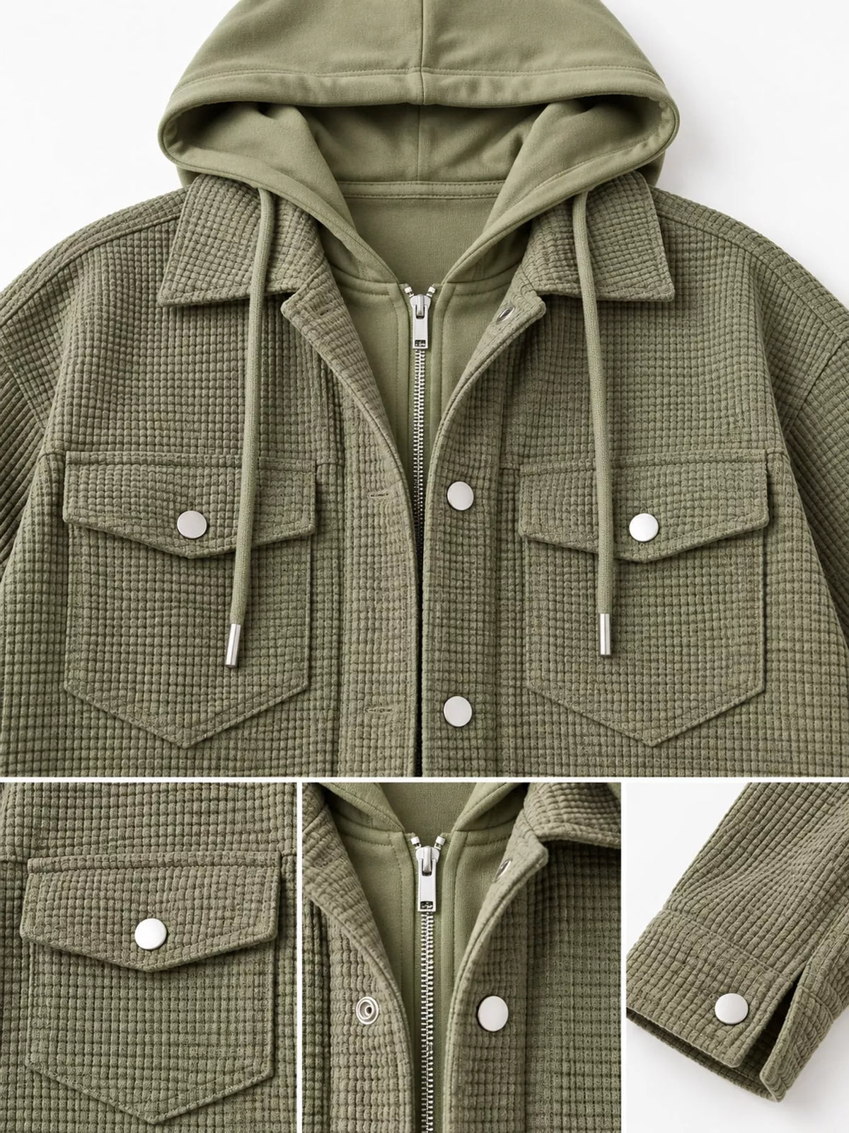 Olive textured long sleeve hooded jacket — design and construction details