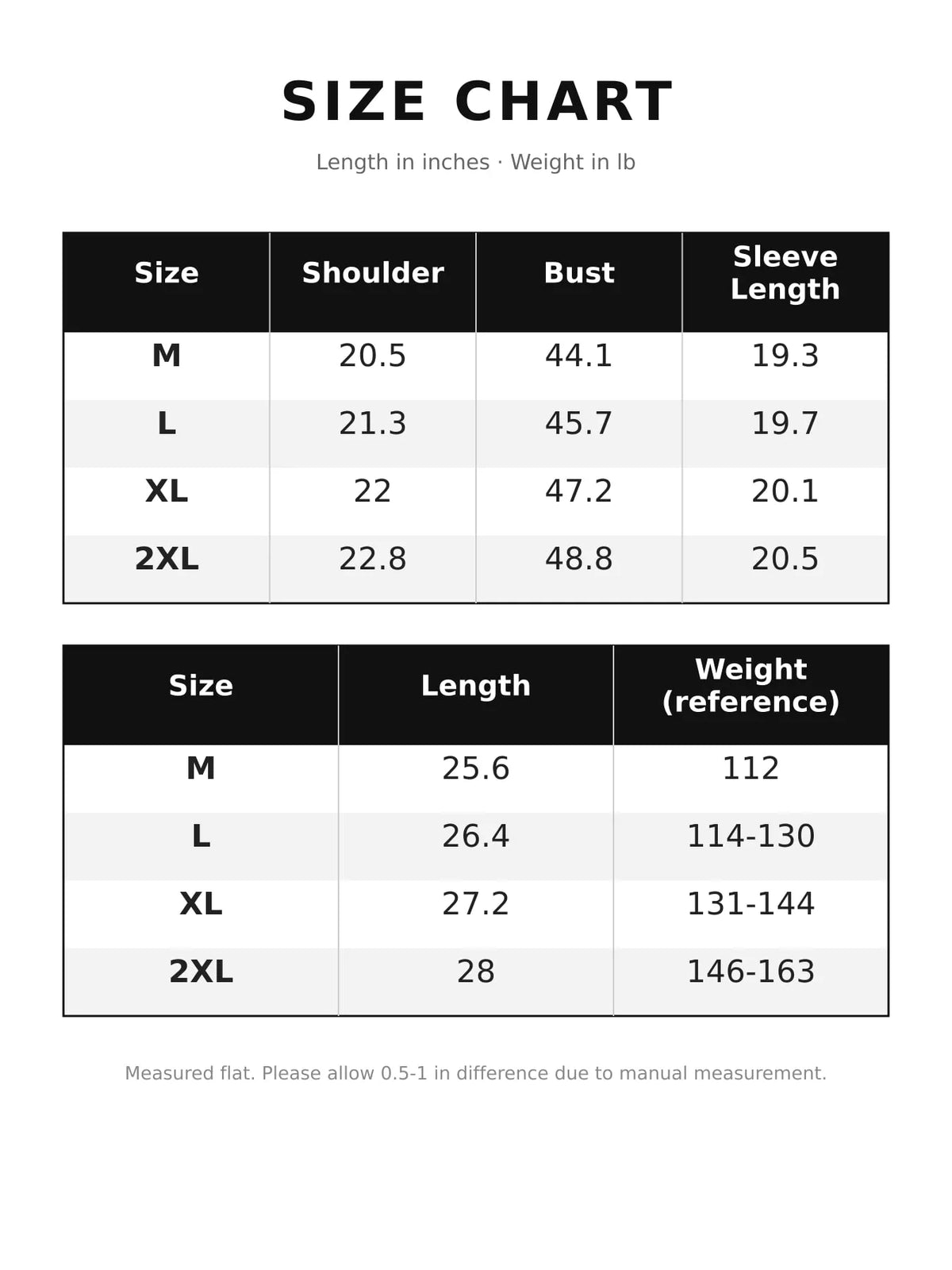 Size chart for the oversized striped T-shirt
