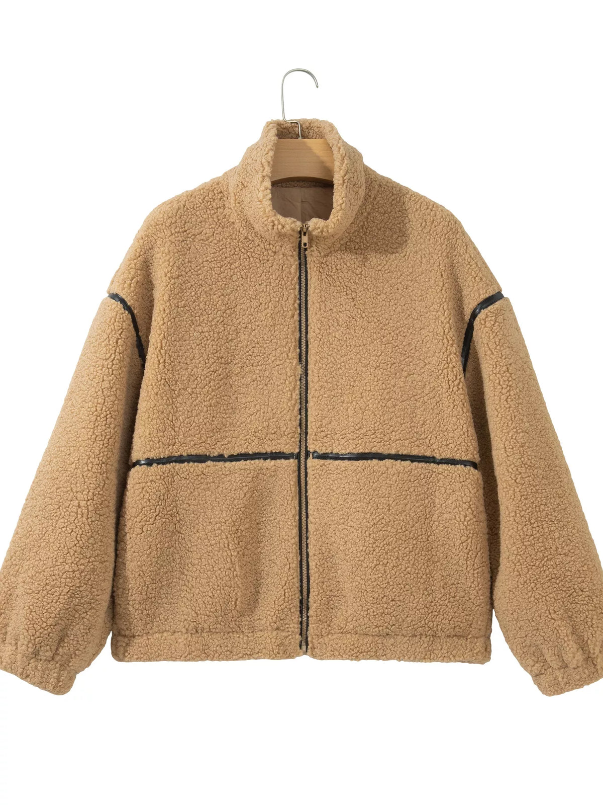 Camel fleece zip-front jacket with contrasting seam trim, product view