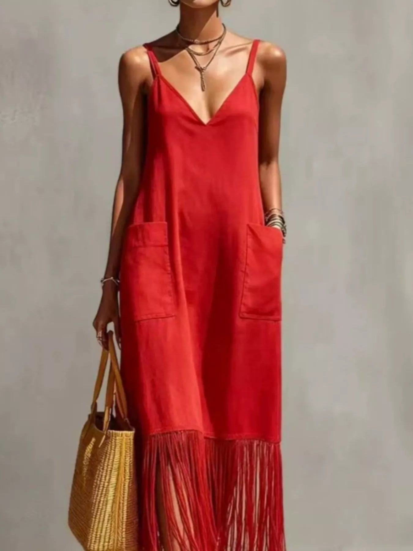 Trendsi Full Size Fringe Spaghetti Strap V-Neck Dress Plus Size -