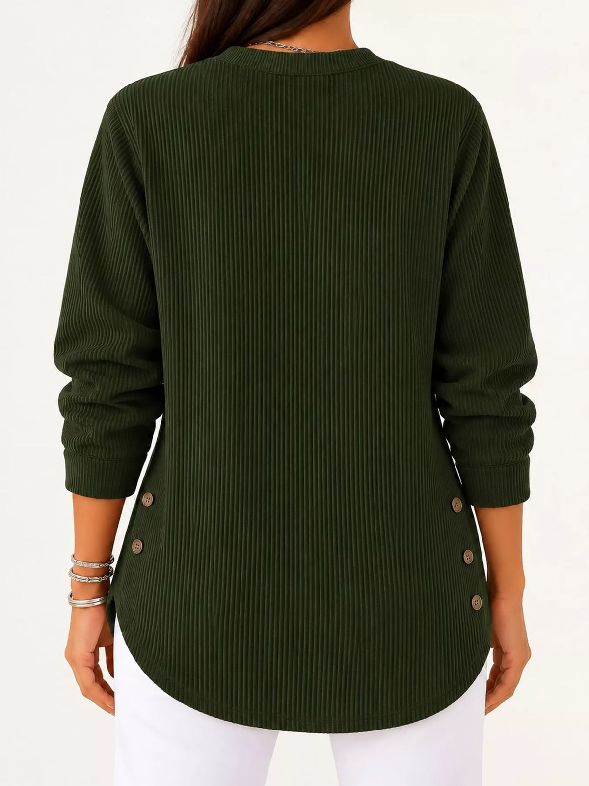 Green button detail long sleeve top, back view