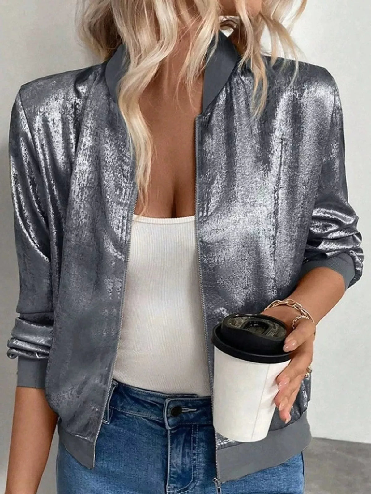 Zip-up bomber jacket, gray metallic front