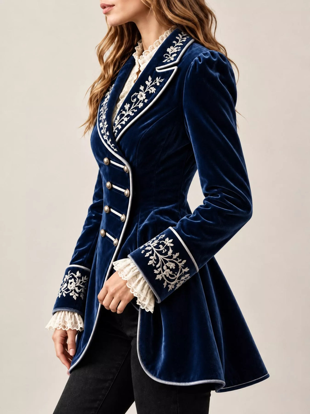 Navy embroidered velvet peplum blazer — side view