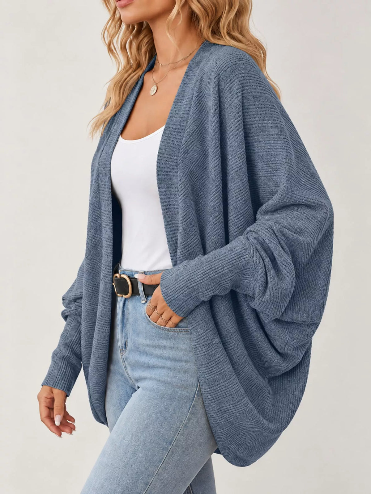 Blue open-front batwing sleeve cardigan