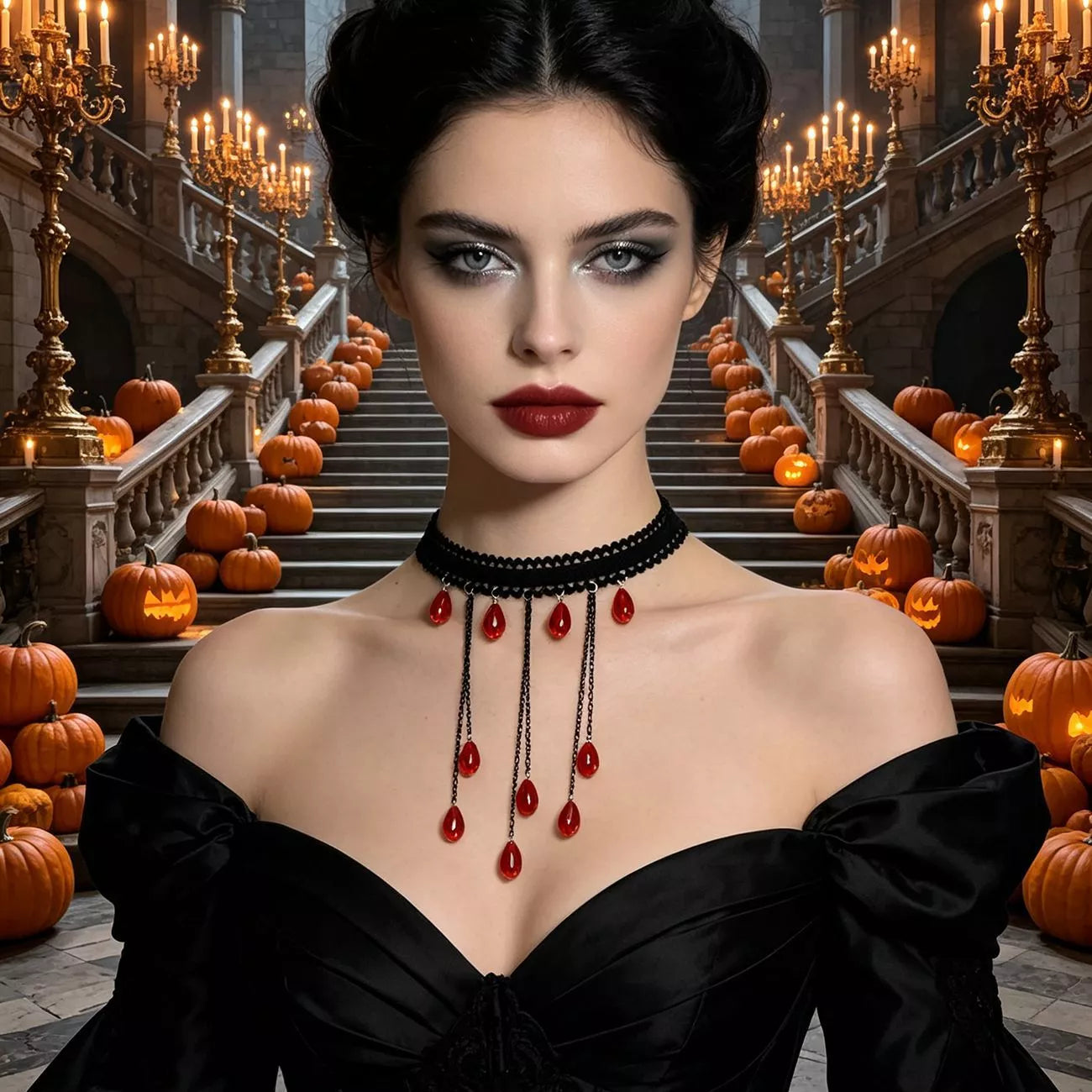 Trendsi Gothic Lace Choker Necklace with Teardrop Dangle Charms -