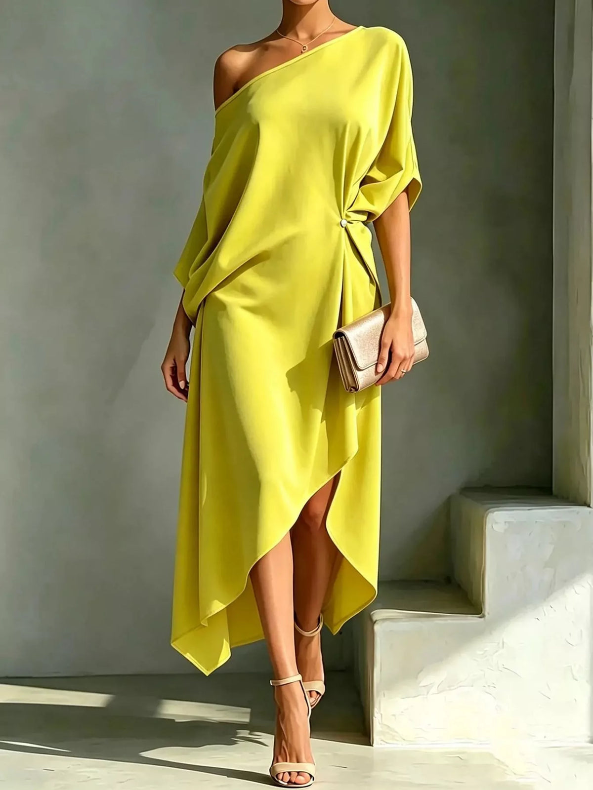 One-shoulder dress, yellow full front
