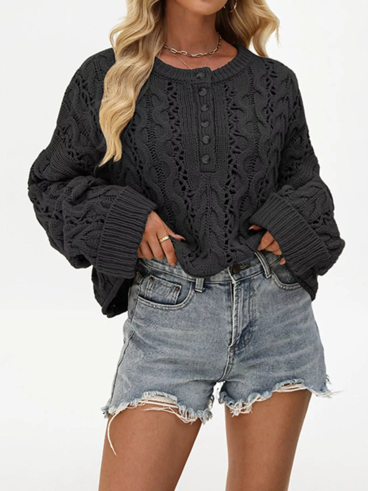 Trendsi Chic Cable Knit Half-Button Openwork Sweater -