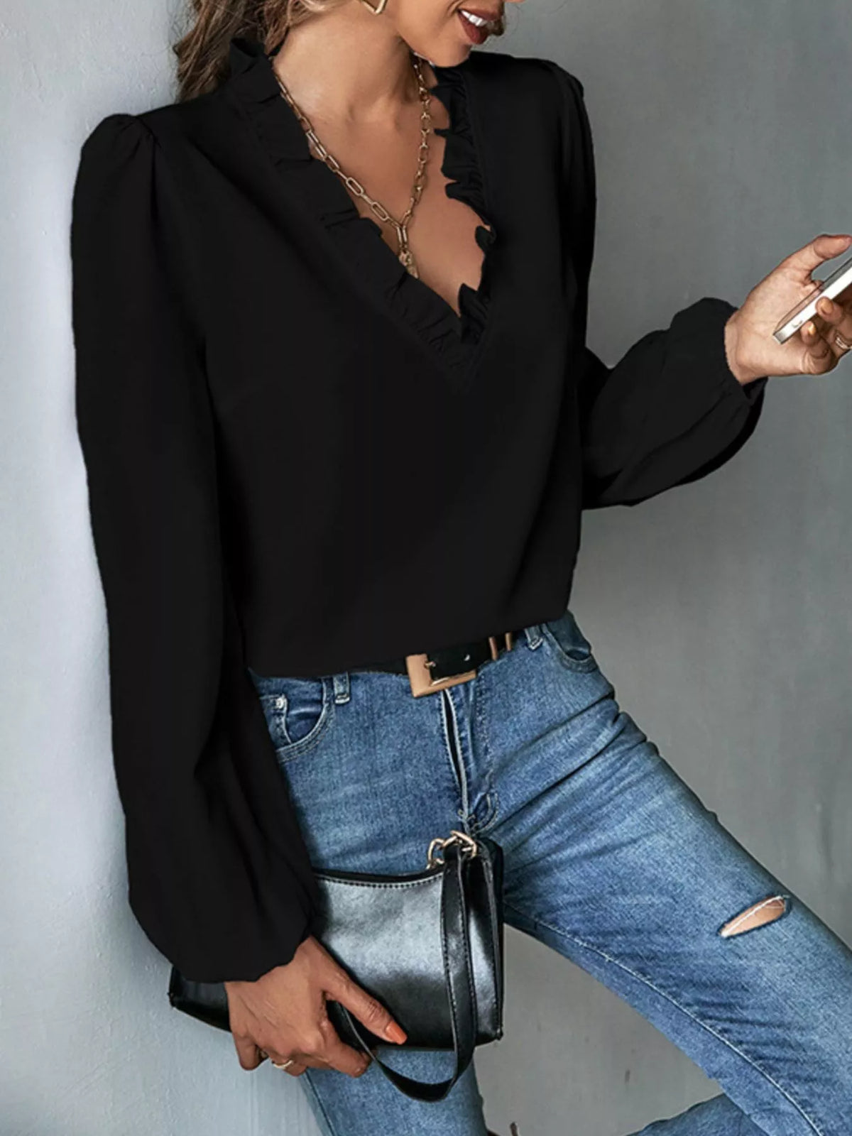 Black ruffled trim v-neck blouse