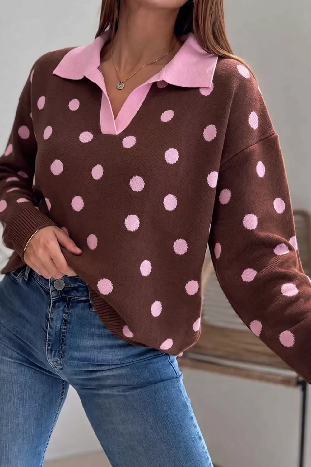 Trendsi Polka Dot Pattern Color Block Collared Loose Pullover Sweater -