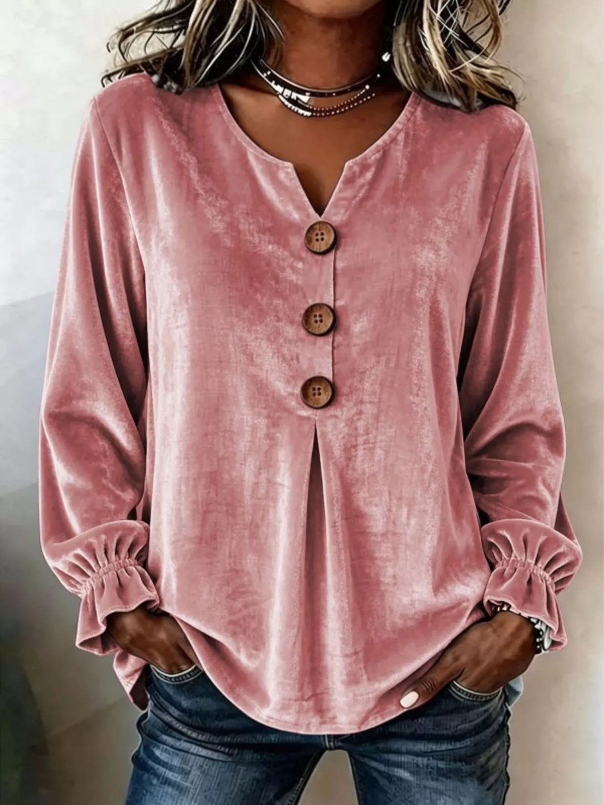 Pink velvet balloon-sleeve blouse, front view