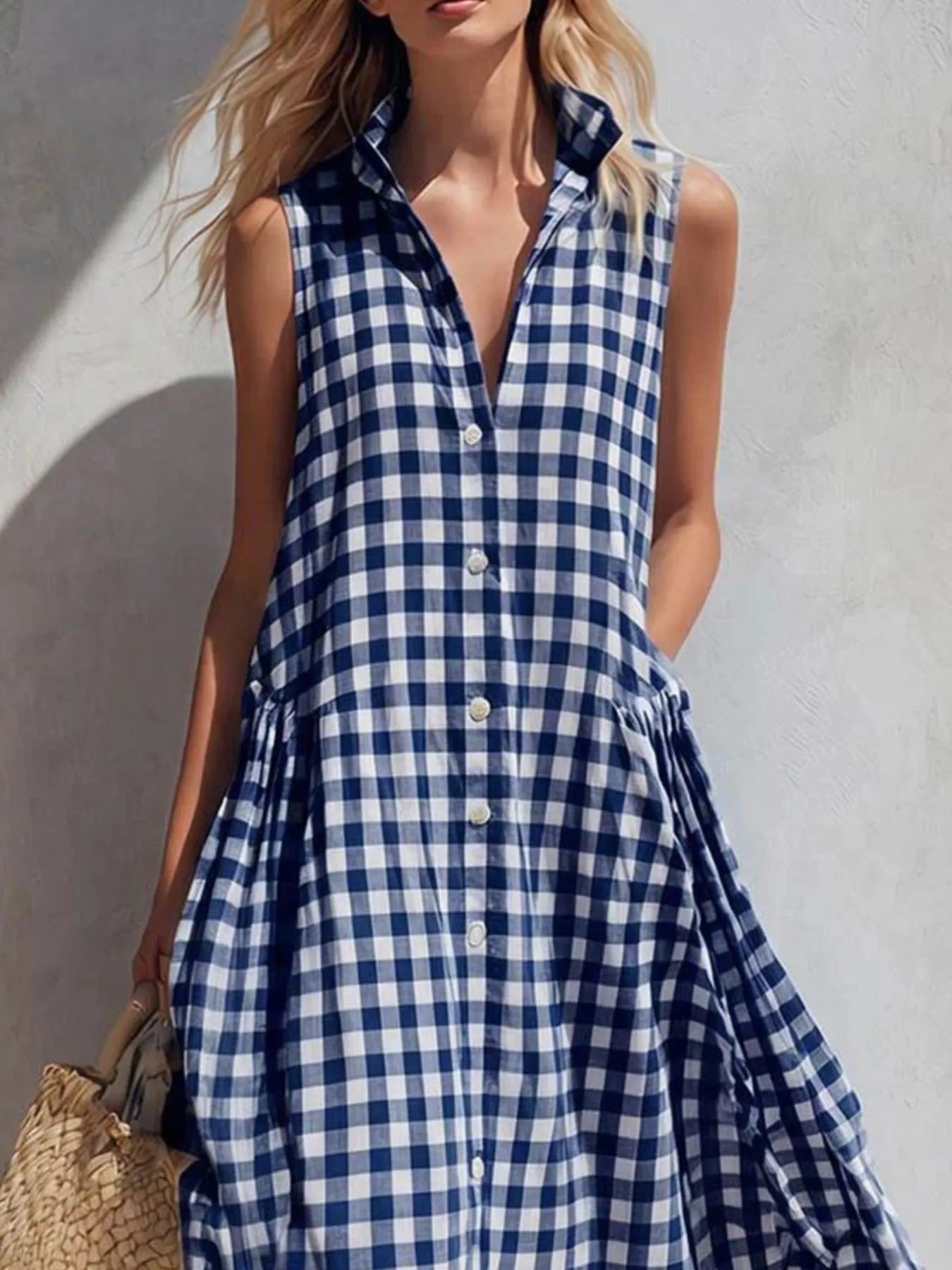 Trendsi Full Size Sleeveless Gingham Button-Down Midi Dress Plus Size -