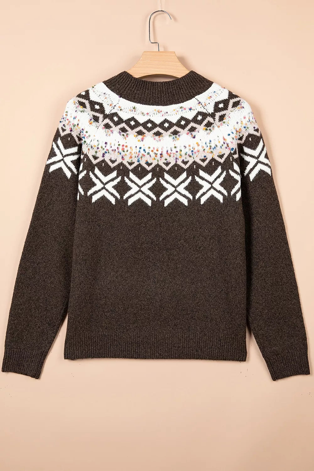 Women's Geometric Round Neck Sweater with Colorful Confetti Accents in brown — back view