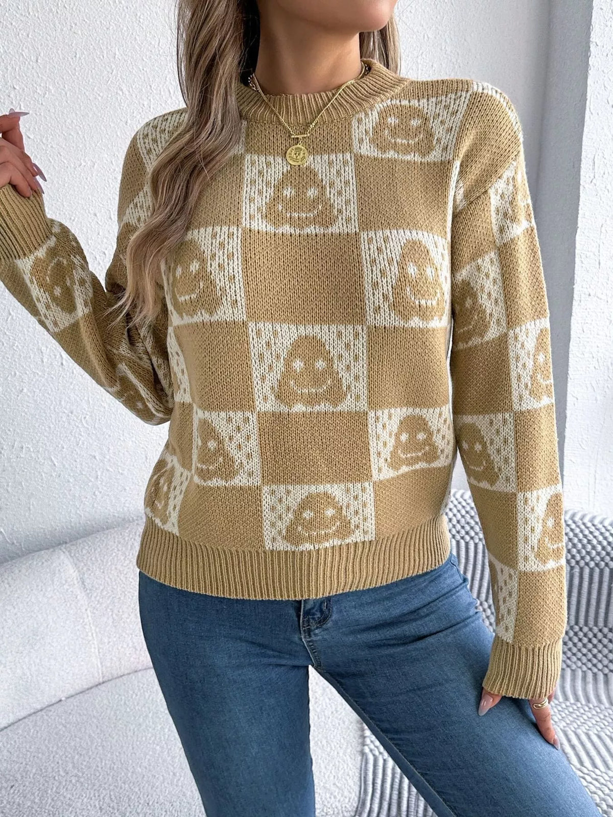 Checkerboard Halloween Graphic Sweater in mustard, front view