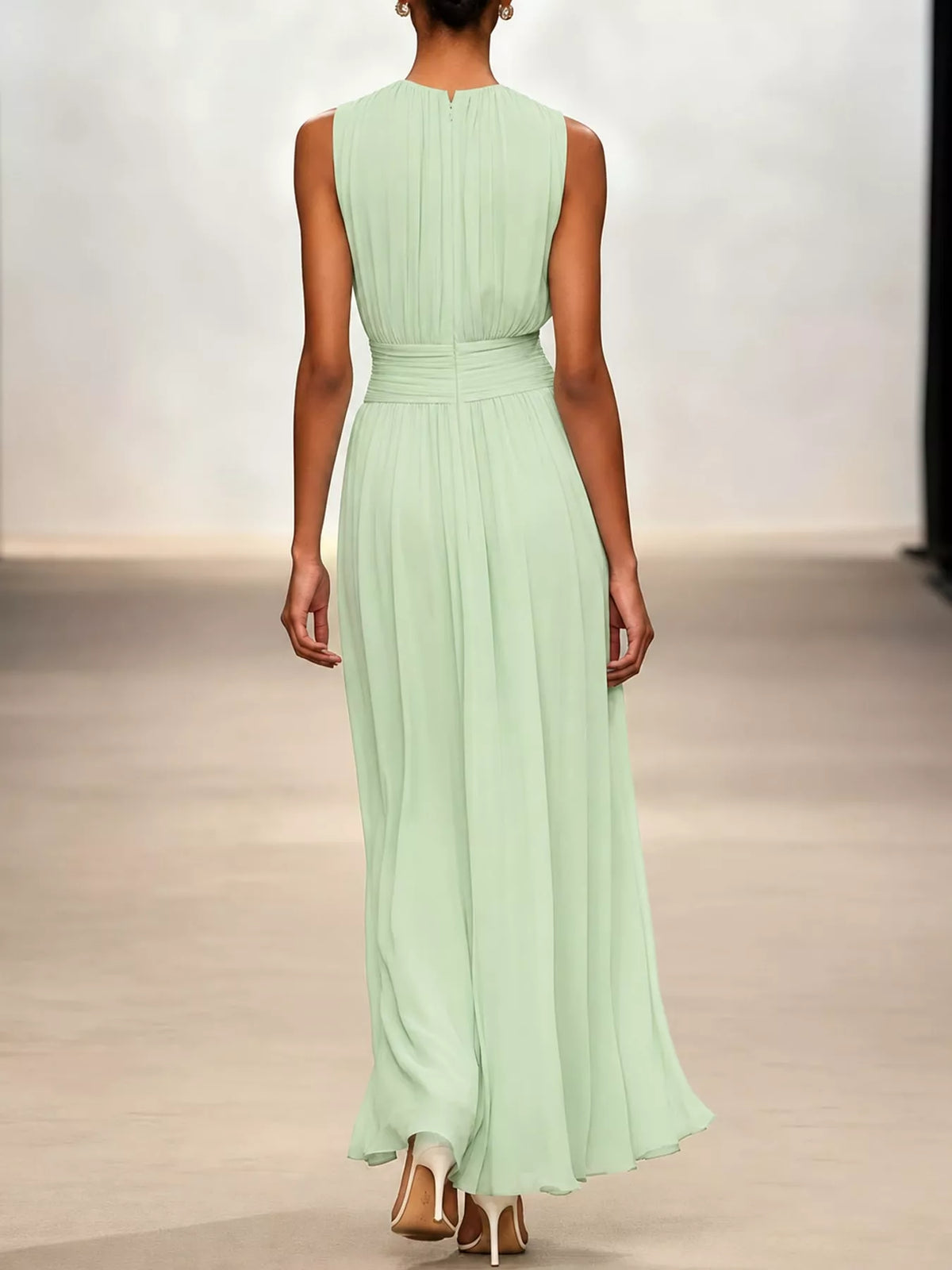 Green sleeveless ruched chiffon maxi dress, back view