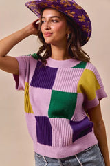 Trendsi SO ME Mardi Gras Check Plaid Casual Sweater Top -