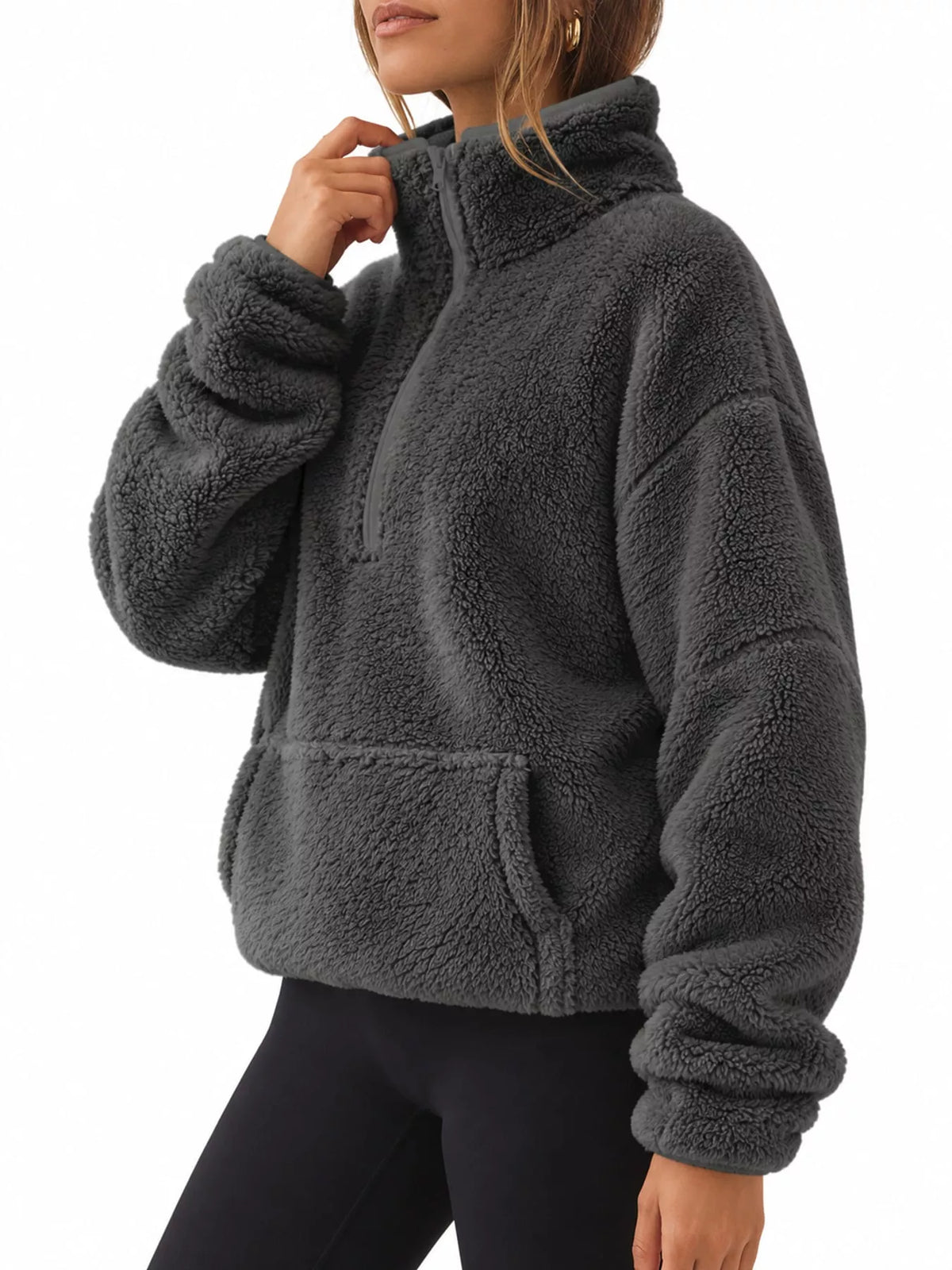 Sherpa quarter-zip sweatshirt, charcoal angled front