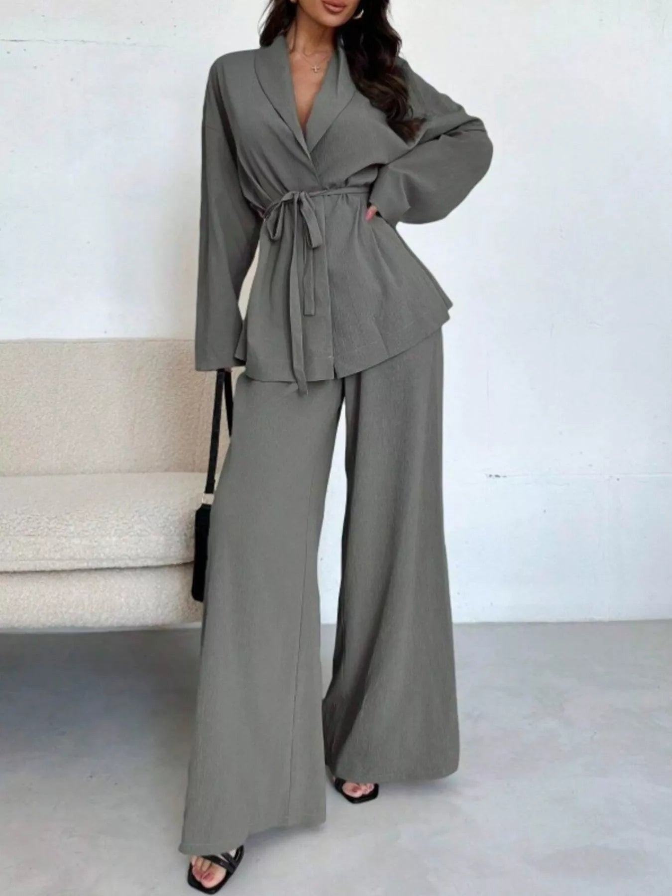Trendsi Textured Tie Waist Top and Wide-Leg Pants Set -