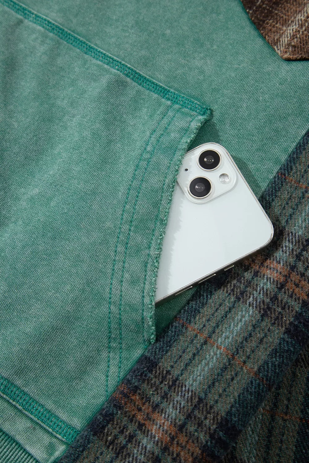 Plaid Kangaroo Pocket Hoodie in green, kangaroo pocket detail