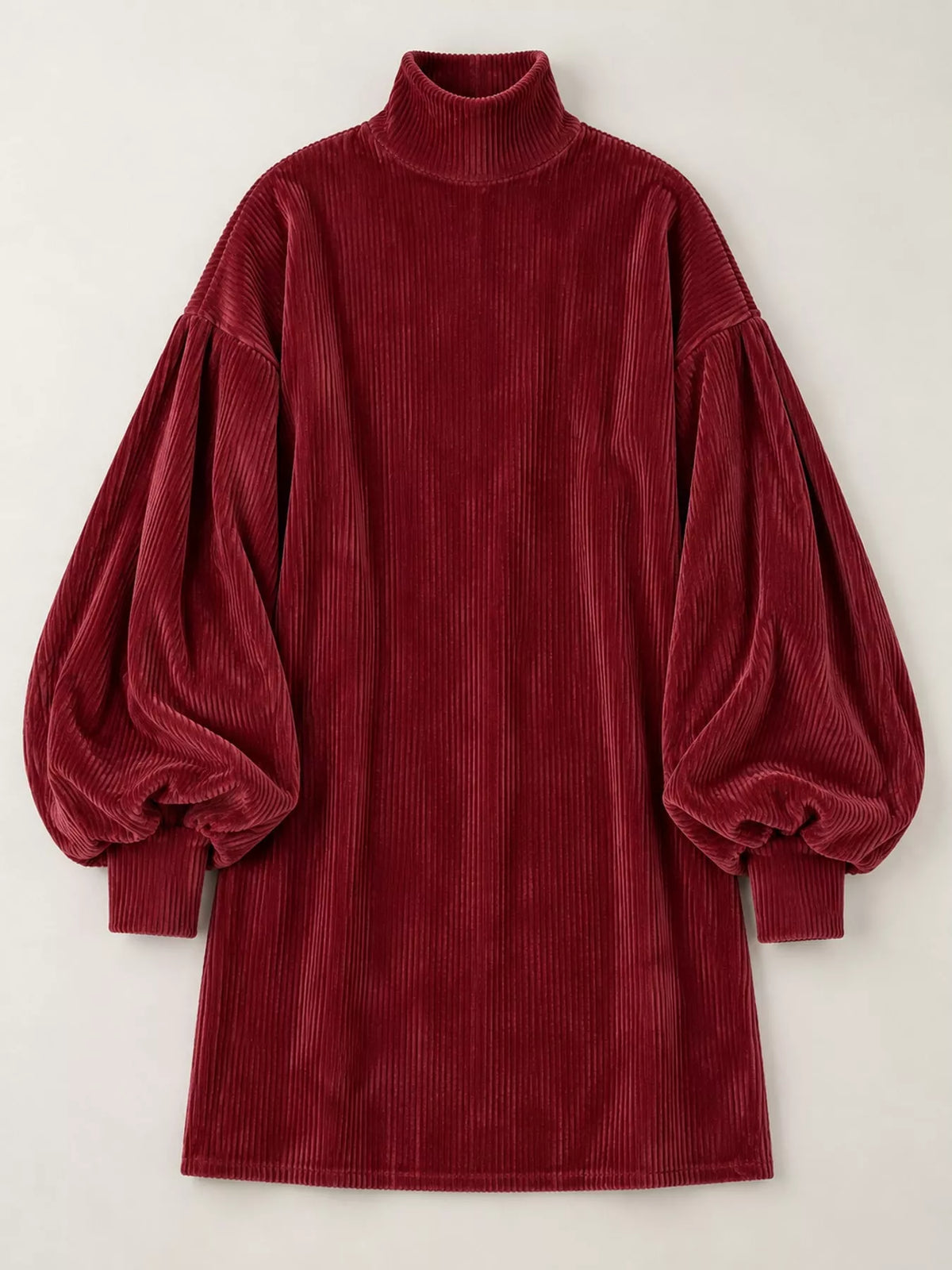 Wine Red corduroy mock neck lantern sleeve mini dress, back view