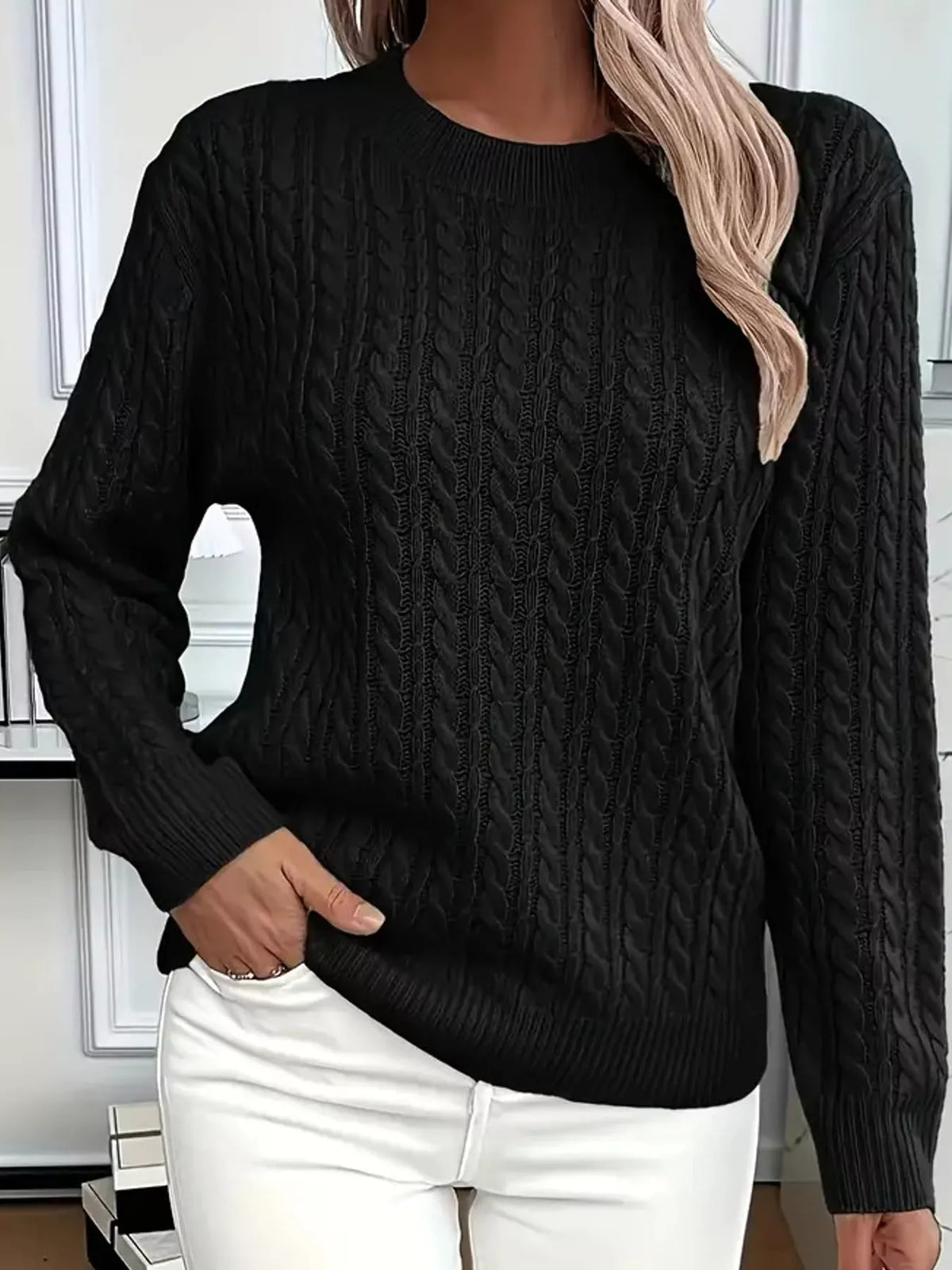 Black cable knit round neck sweater