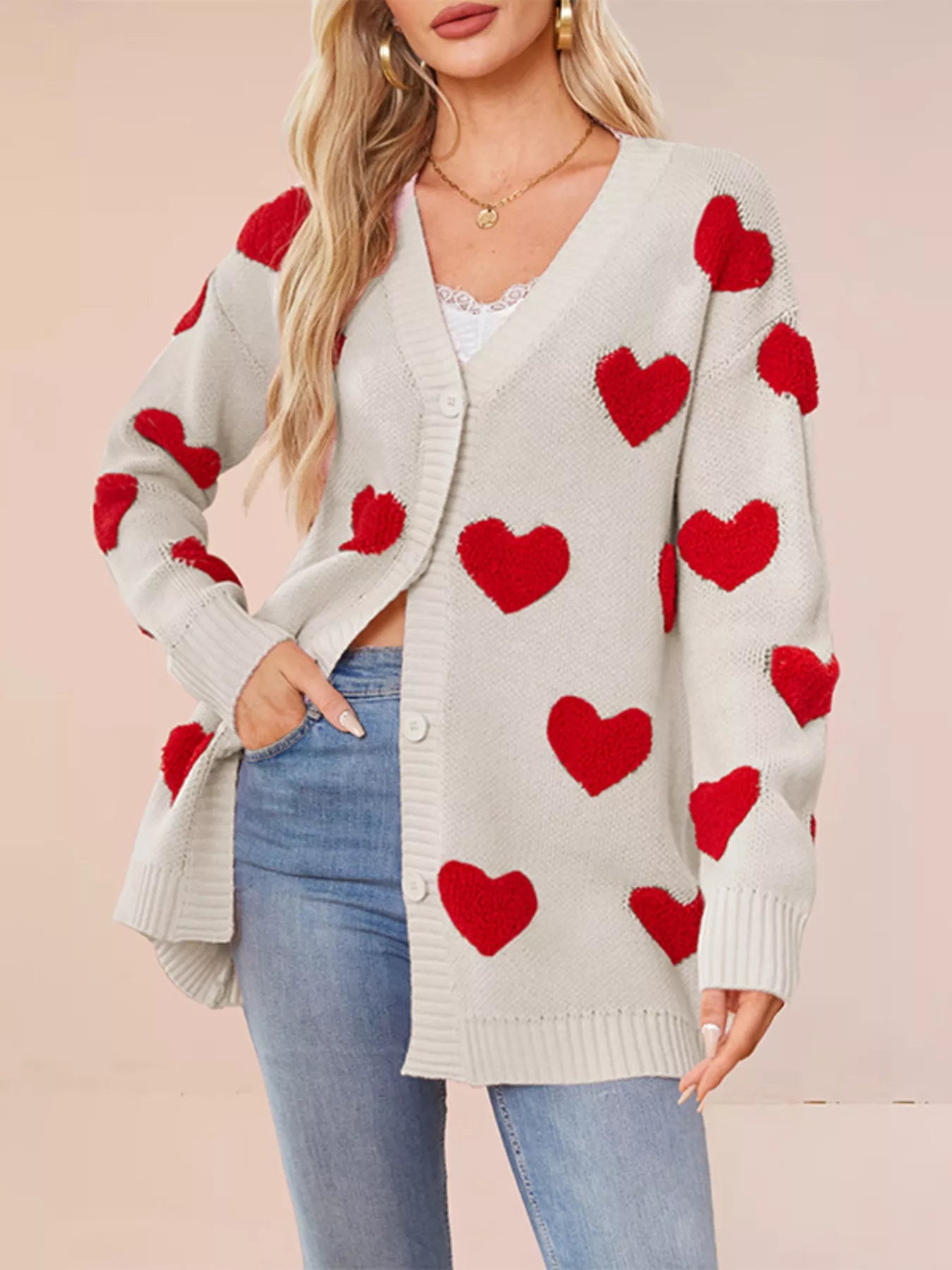 Trendsi Heart Pattern V-Neck Button-Down Knit Cardigan -