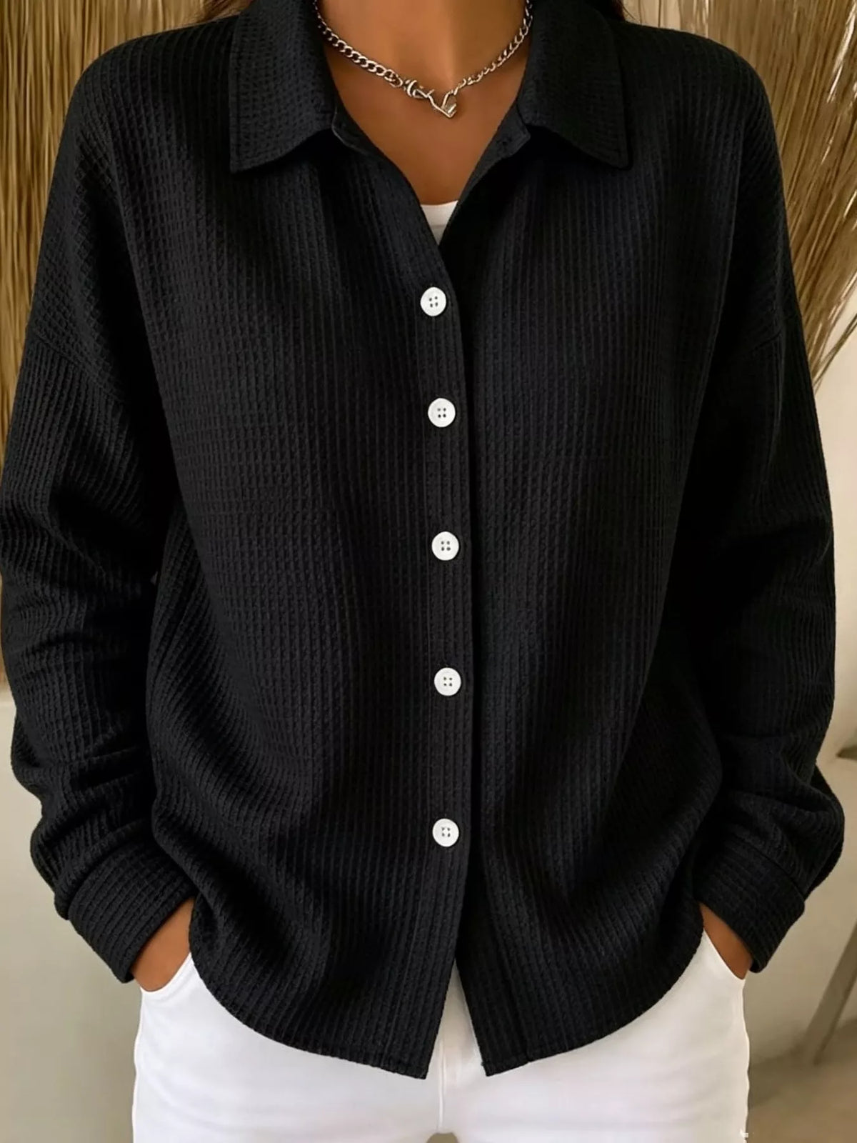 Black waffle knit button-down shirt