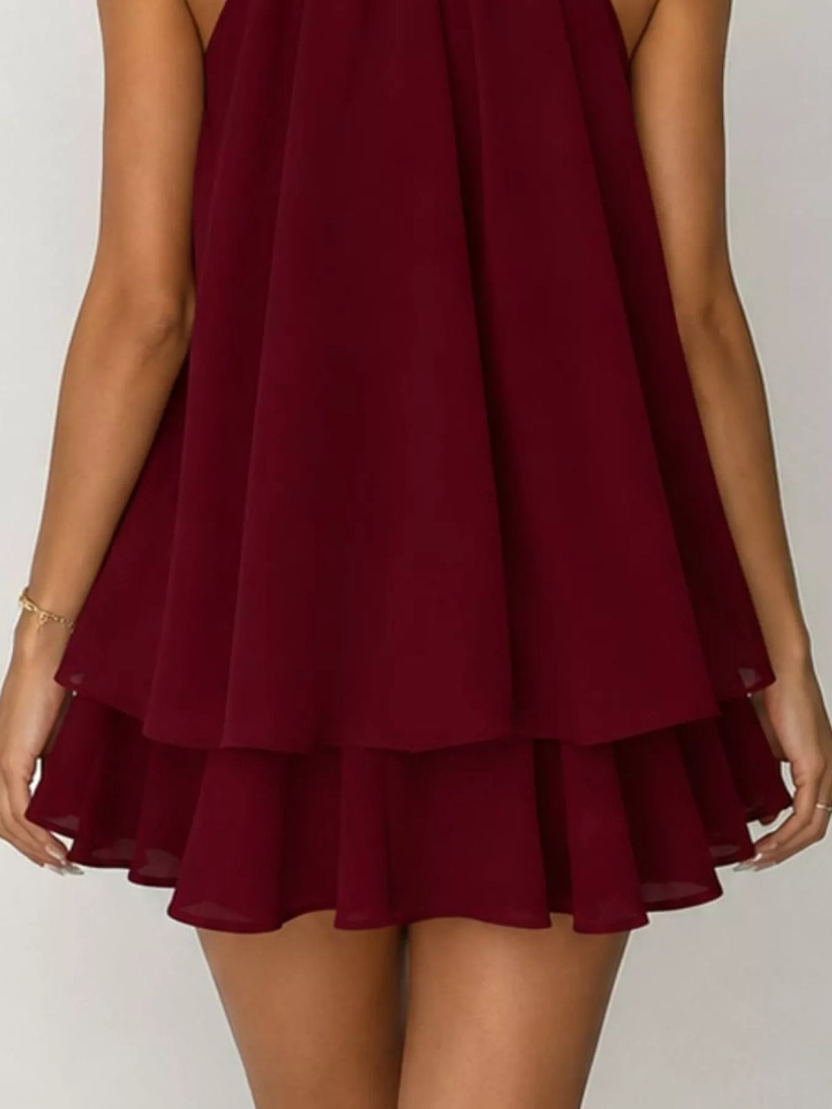 Burgundy halter neck chiffon mini dress