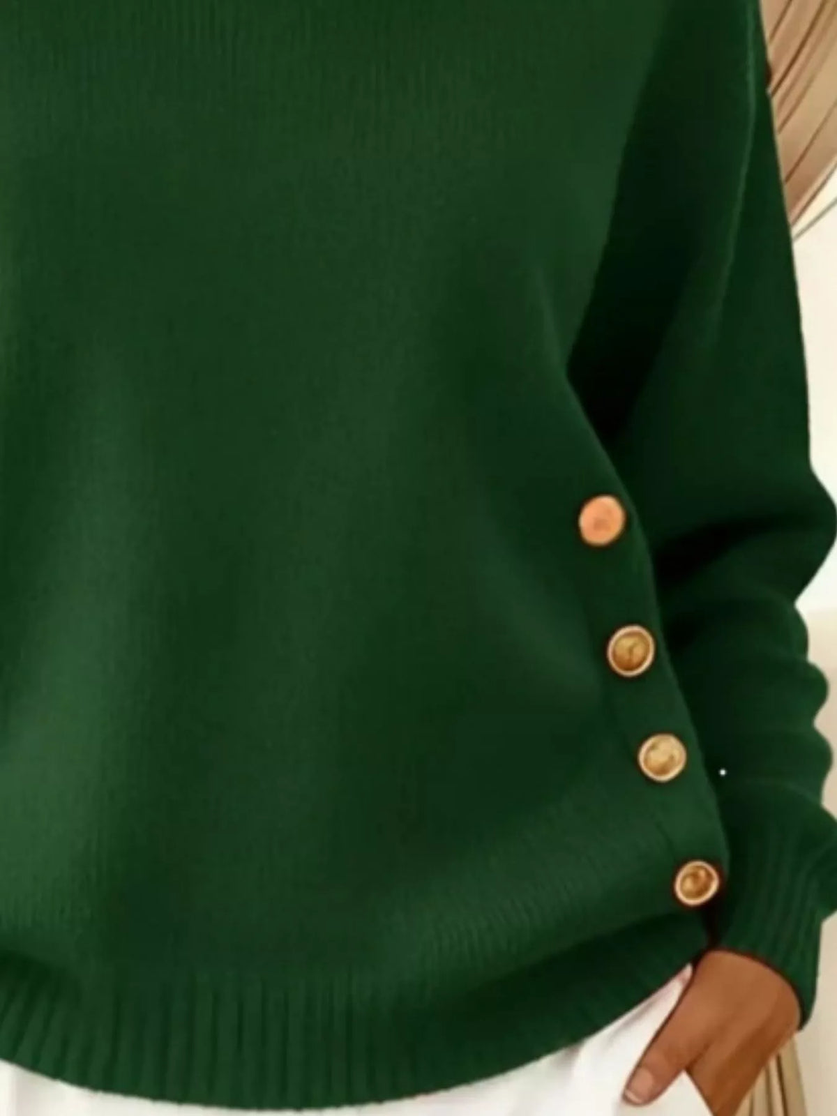 Women's Decorative Button Dropped Shoulder Sweater in Green, back view