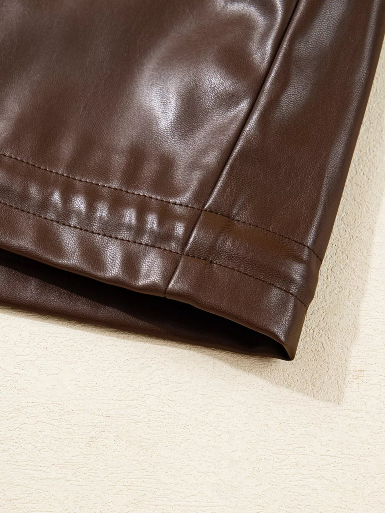 Trendsi Double Flap Pocket Drawstring Hem Leather Jacket -