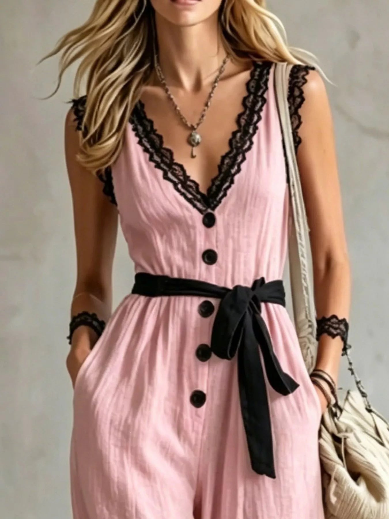 Trendsi Lace Trim Sleeveless Wide Leg Jumpsuit -