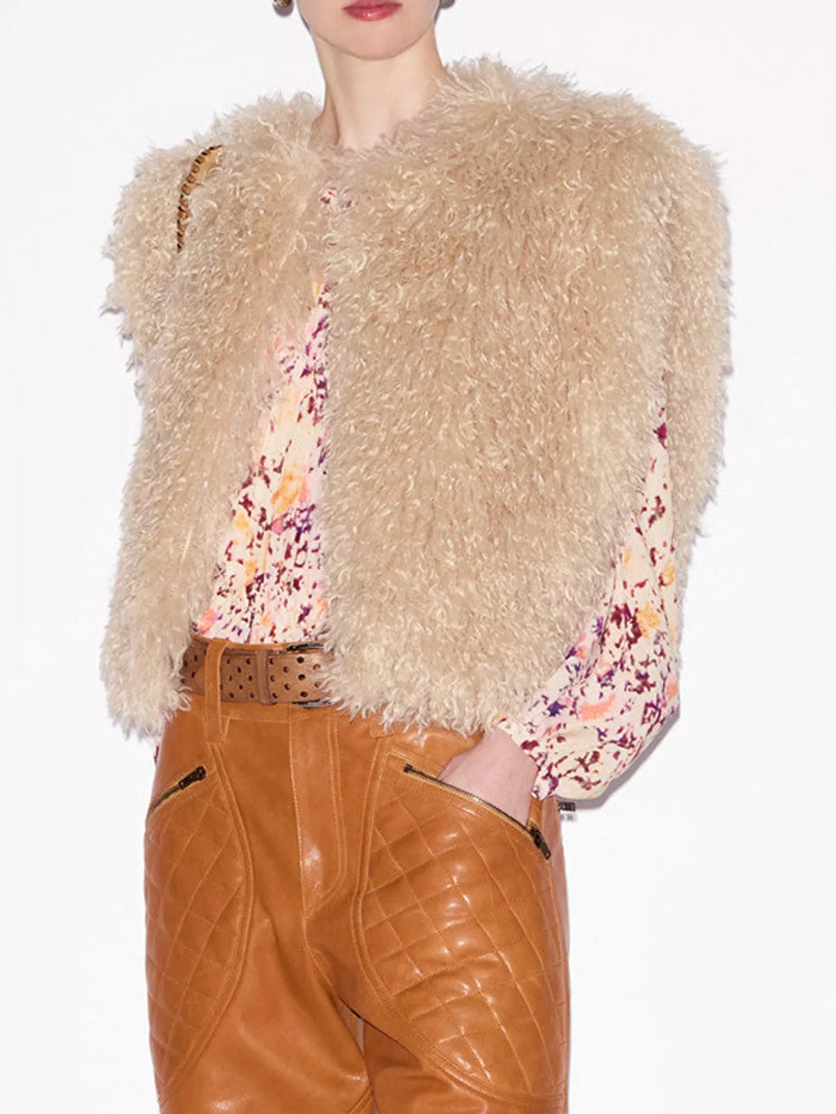 Faux Fur Open Front Vest Coat in cream