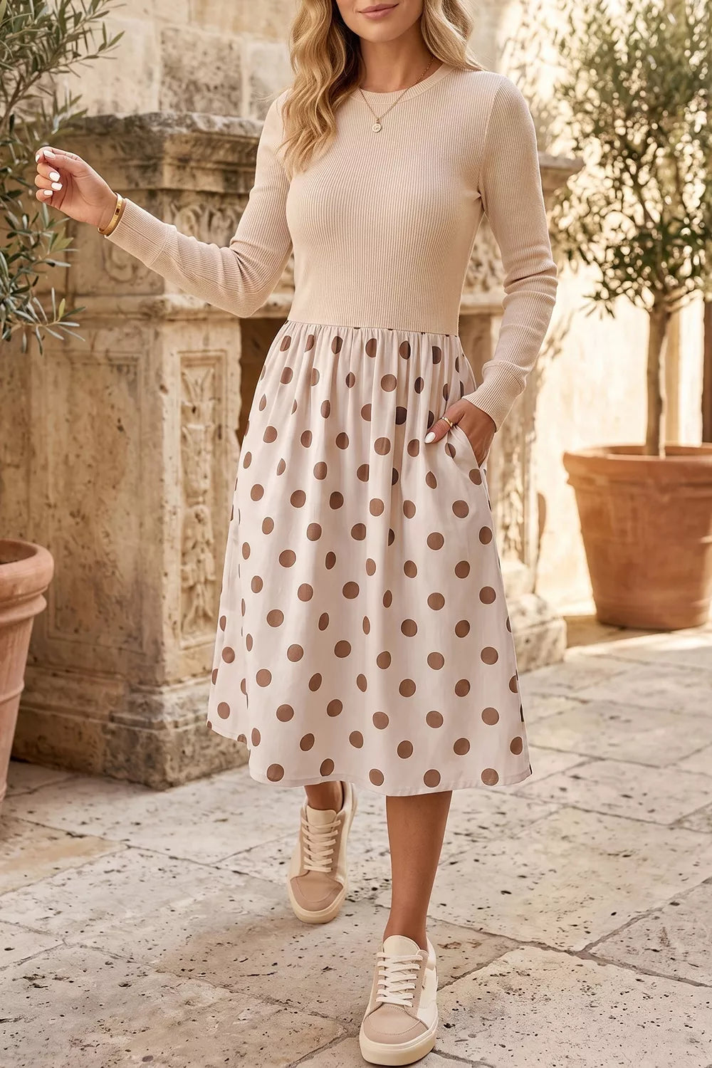 Trendsi Polka Dot Midi Long Sleeve Dress -