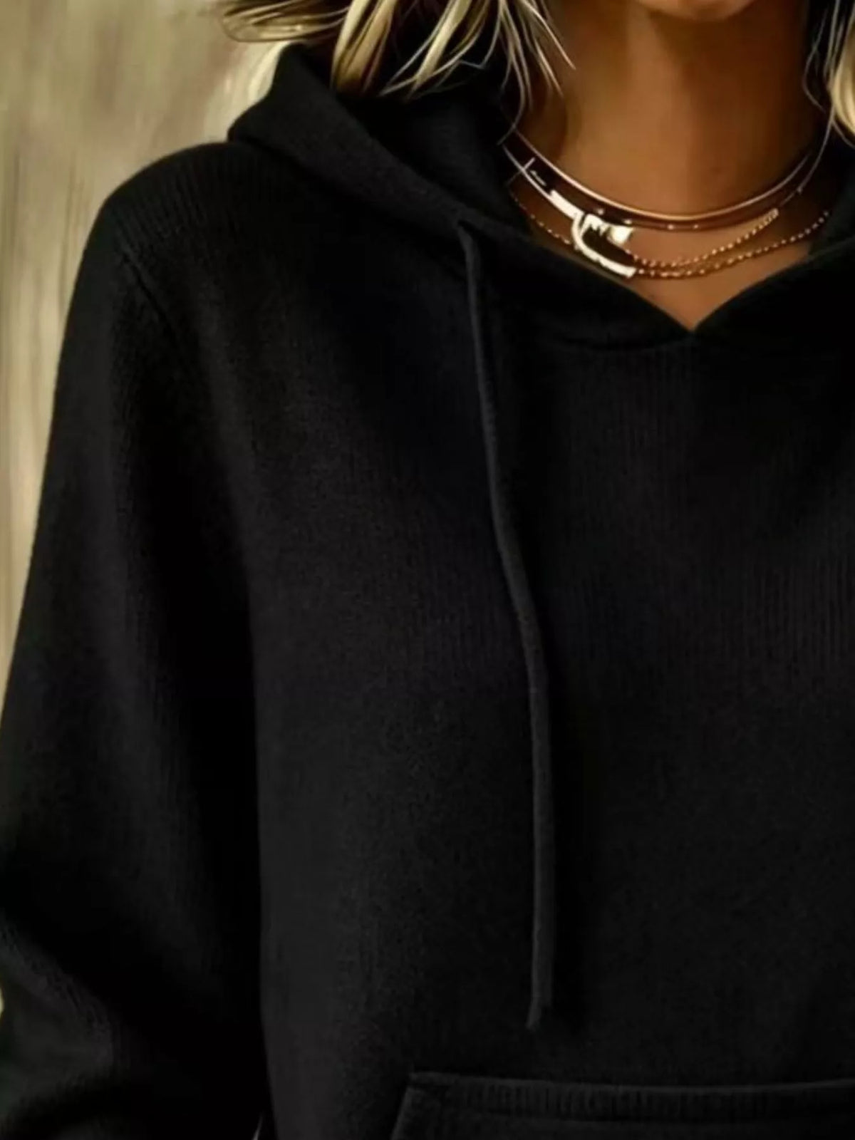 Women's Drawstring Kangaroo Pocket Hooded Sweater in black — neckline detail view